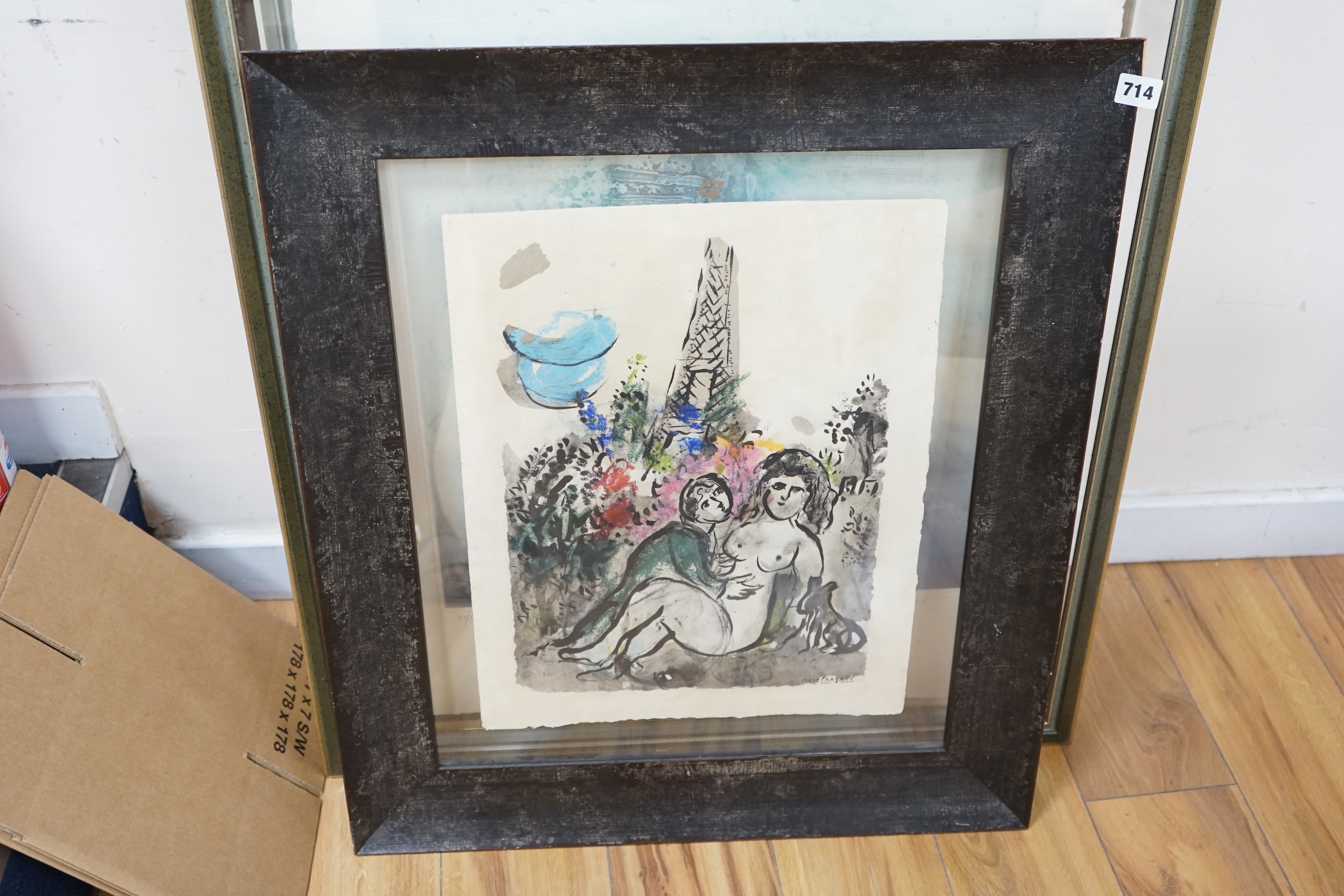 After Marc Chagall (French, 1887-1985), colour etching, Couleur amour, Paris, signed in plate, 50 x 39cm. Condition - poor to fair